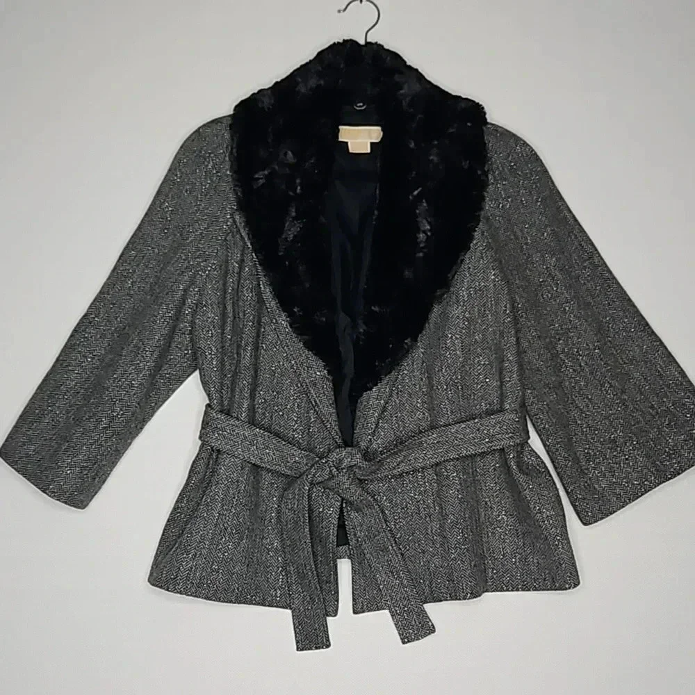 MICHAEL Michael Kors Metallic Tweed Blazer w/ Tie Waist & Faux Fur Women's Large - Picture 13 of 15